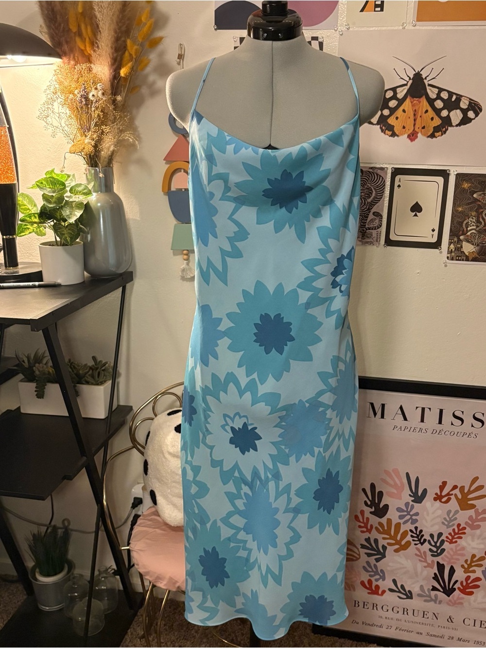 Express Blue Floral Cowl Neck Slip Dress